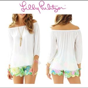 Lilly Pulitzer Off-Shoulder White Top Pom Poms